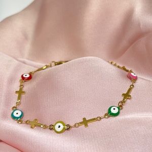 Multicolor 18K gold plated Evil Eye and cross Bracelet